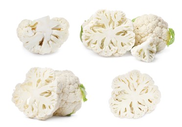 Collage of fresh raw cauliflowers on white background