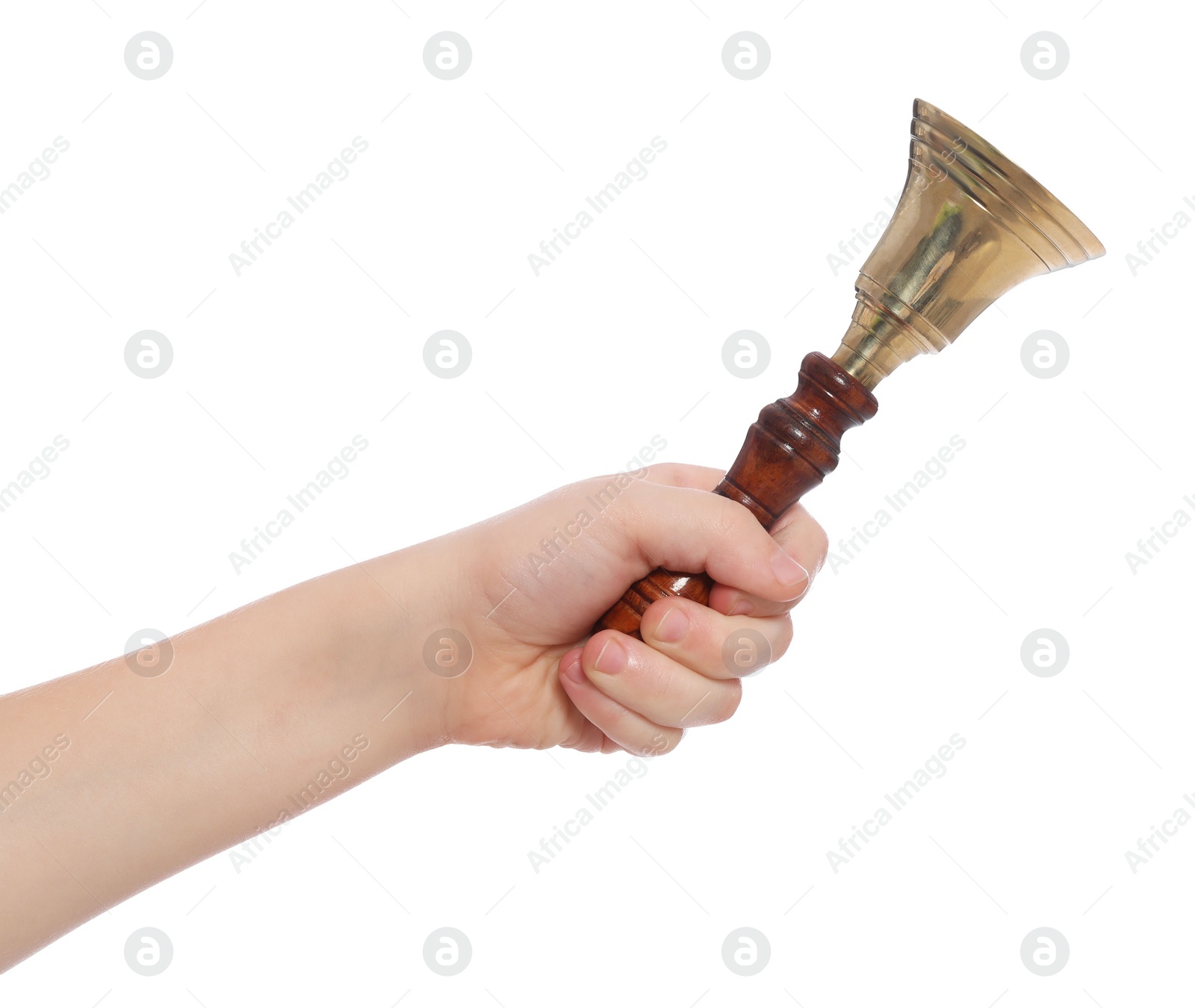 Photo of Pupil with school bell on white background, closeup