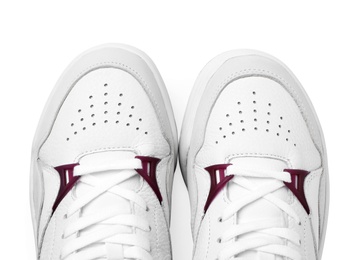 Photo of Pair of stylish shoes on white background, top view