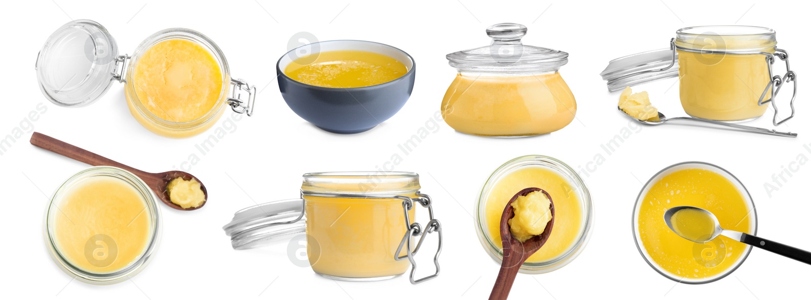 Image of Set with tasty ghee butter on white background. Banner design