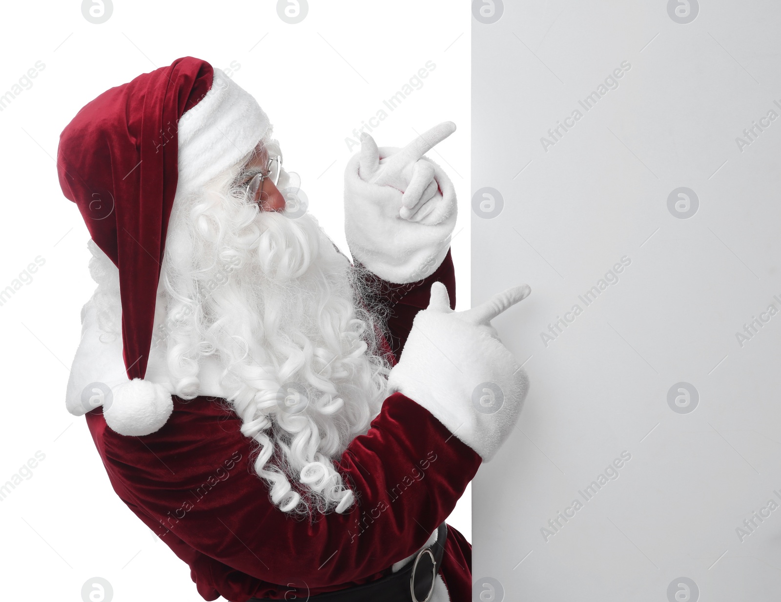 Photo of Santa Claus near blank banner on white background