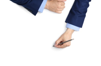Man with pencil on white background, top view. Closeup of hands