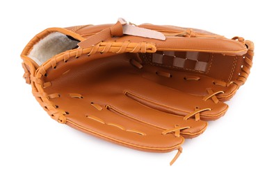 Photo of Brown baseball glove isolated on white. Sports equipment
