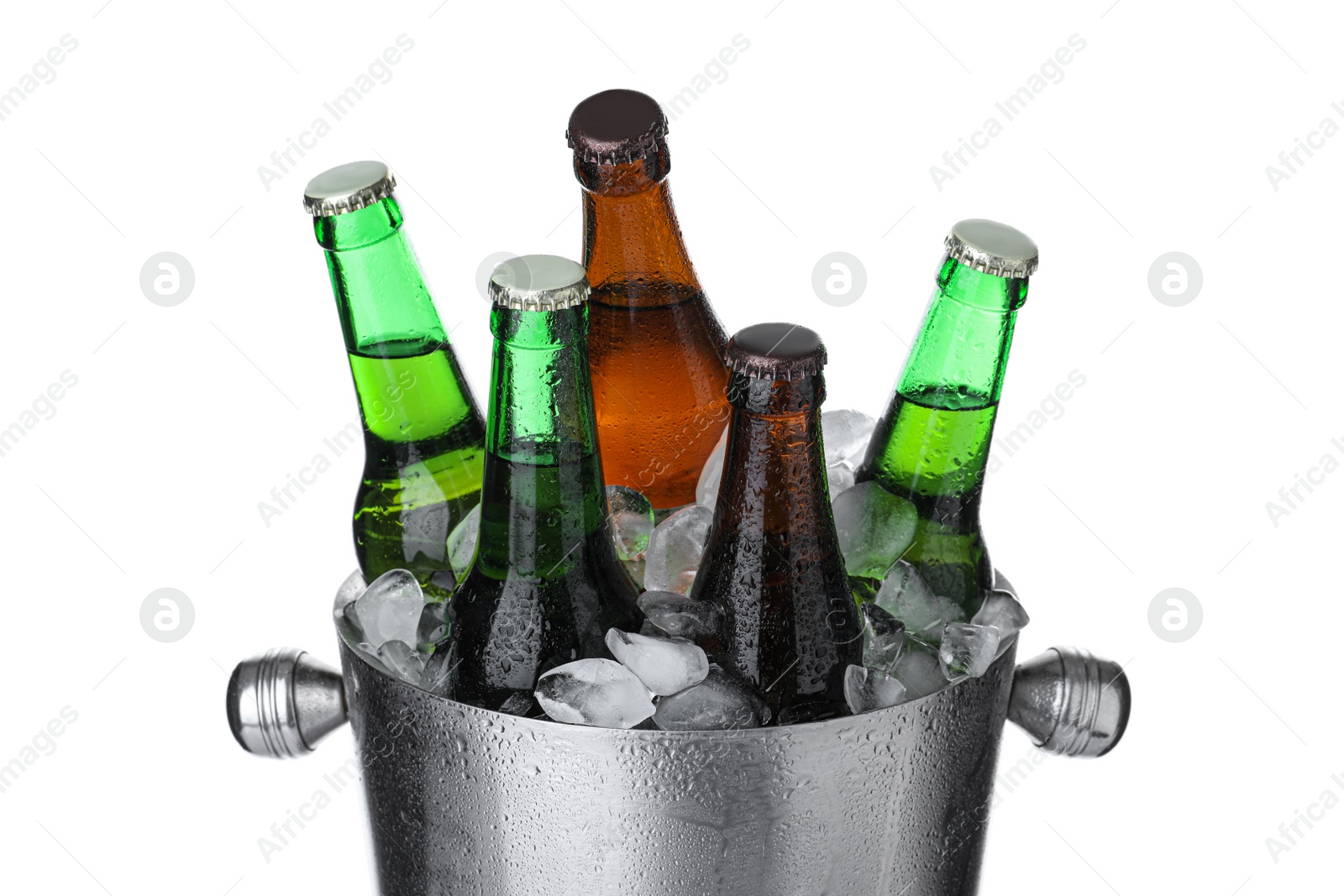 Photo of Metal bucket with bottles of beer and ice cubes isolated on white