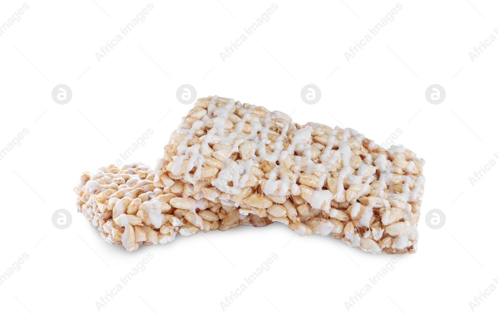 Photo of Delicious rice crispy treats on white background