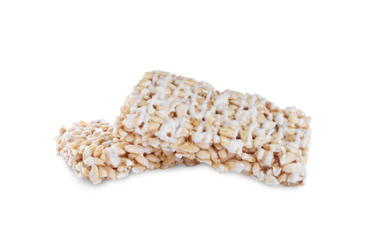 Photo of Delicious rice crispy treats on white background