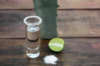 Photo of Mexican tequila shot, salt, lime and green leaf on wooden table, closeup with space for text. Drink made of agava