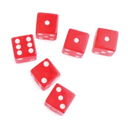 Photo of Many red game dices isolated on white, top view