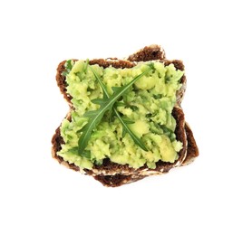 Delicious sandwich with guacamole and arugula on white background, top view