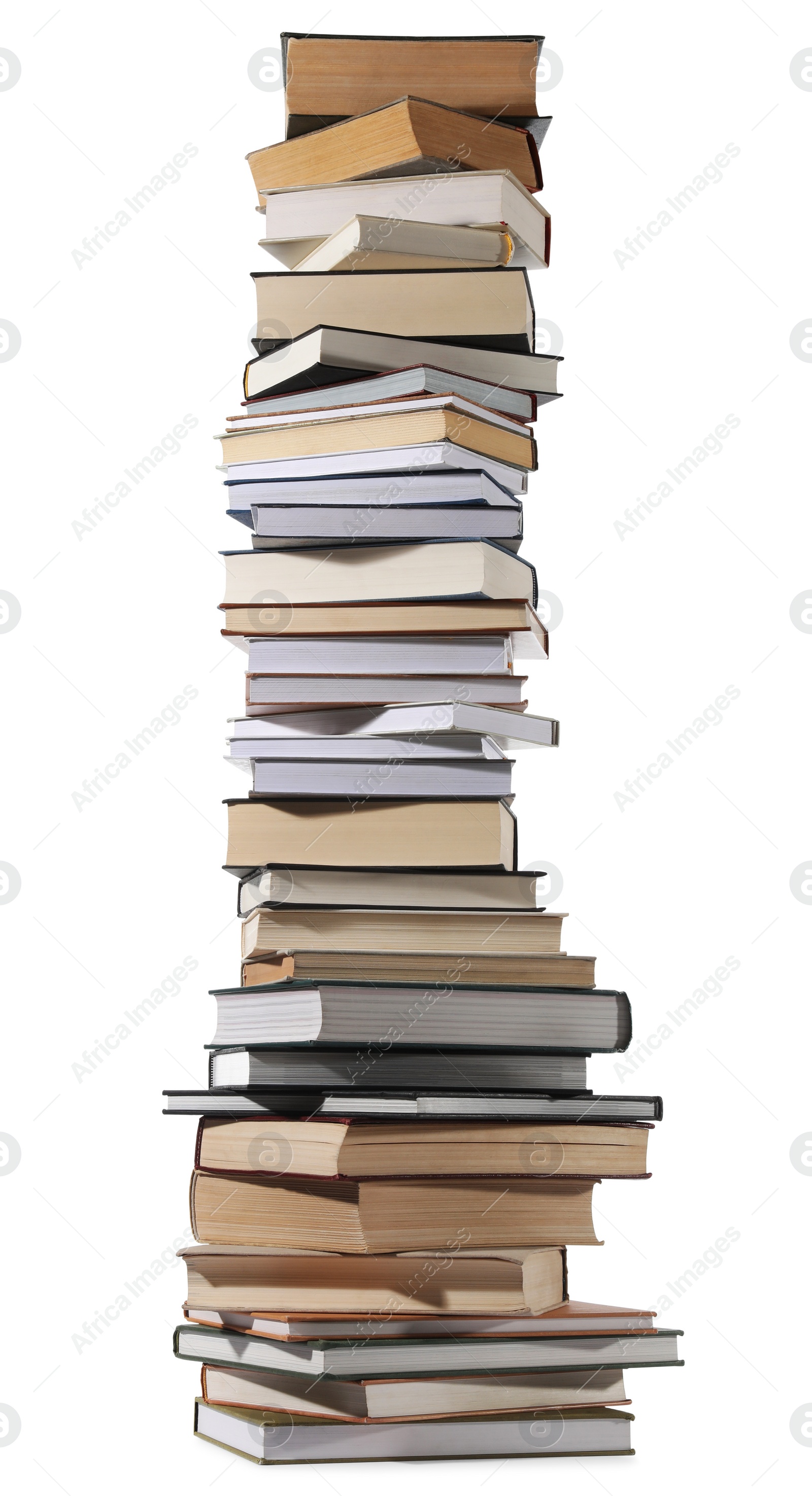 Photo of High stack of many different books isolated on white