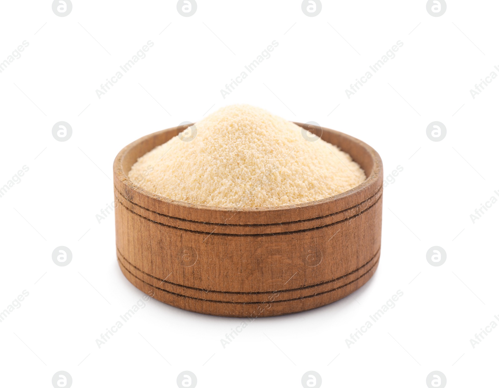 Photo of Uncooked organic semolina in bowl isolated on white