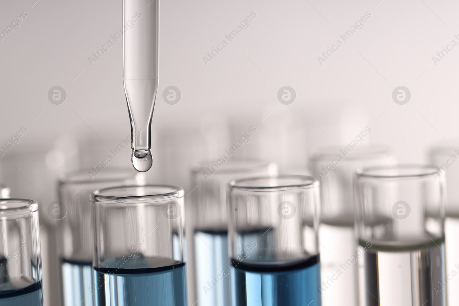 Photo of Dripping liquid from pipette into test tube on light background, closeup