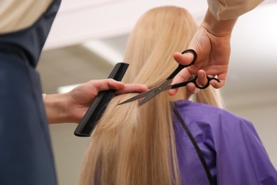 Stylist cutting hair of client in professional salon, closeup