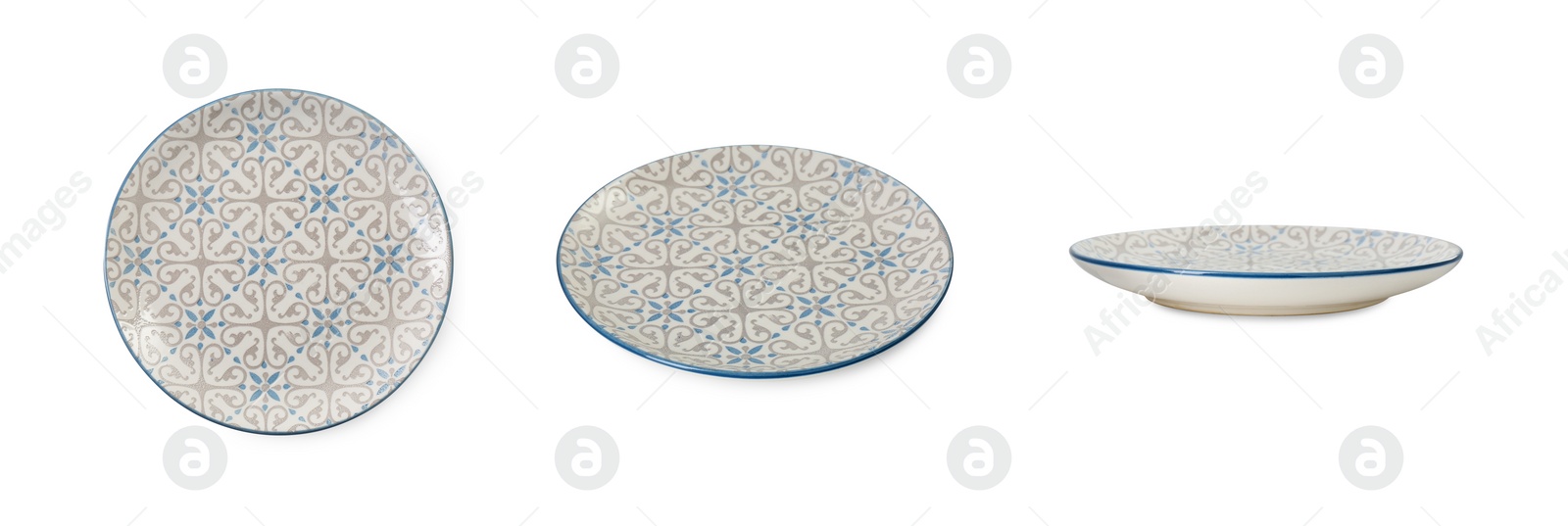 Image of Empty ceramic plate isolated on white, set with different views