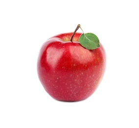 Photo of Ripe juicy red apple with leaf on white background