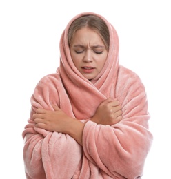 Photo of Young woman suffering from cold on white background