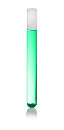 Test tube with green liquid isolated on white. Laboratory glassware