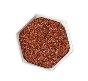 Bowl with red quinoa on white background, top view