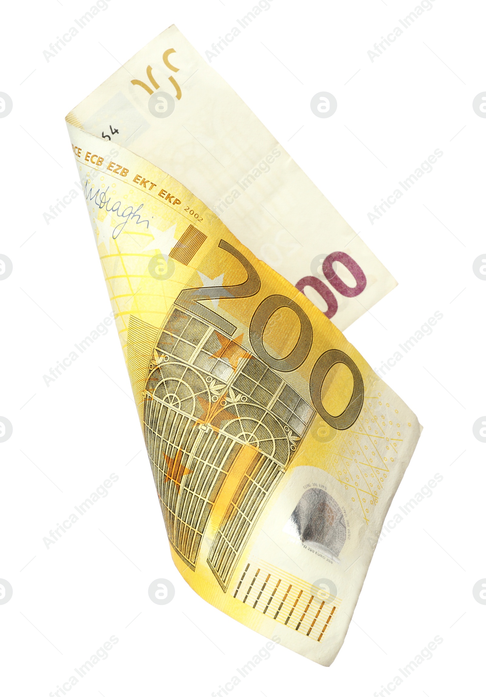 Photo of Flying two hundred Euro banknote isolated on white