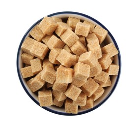 Photo of Bowl with cubes of brown sugar isolated on white, top view