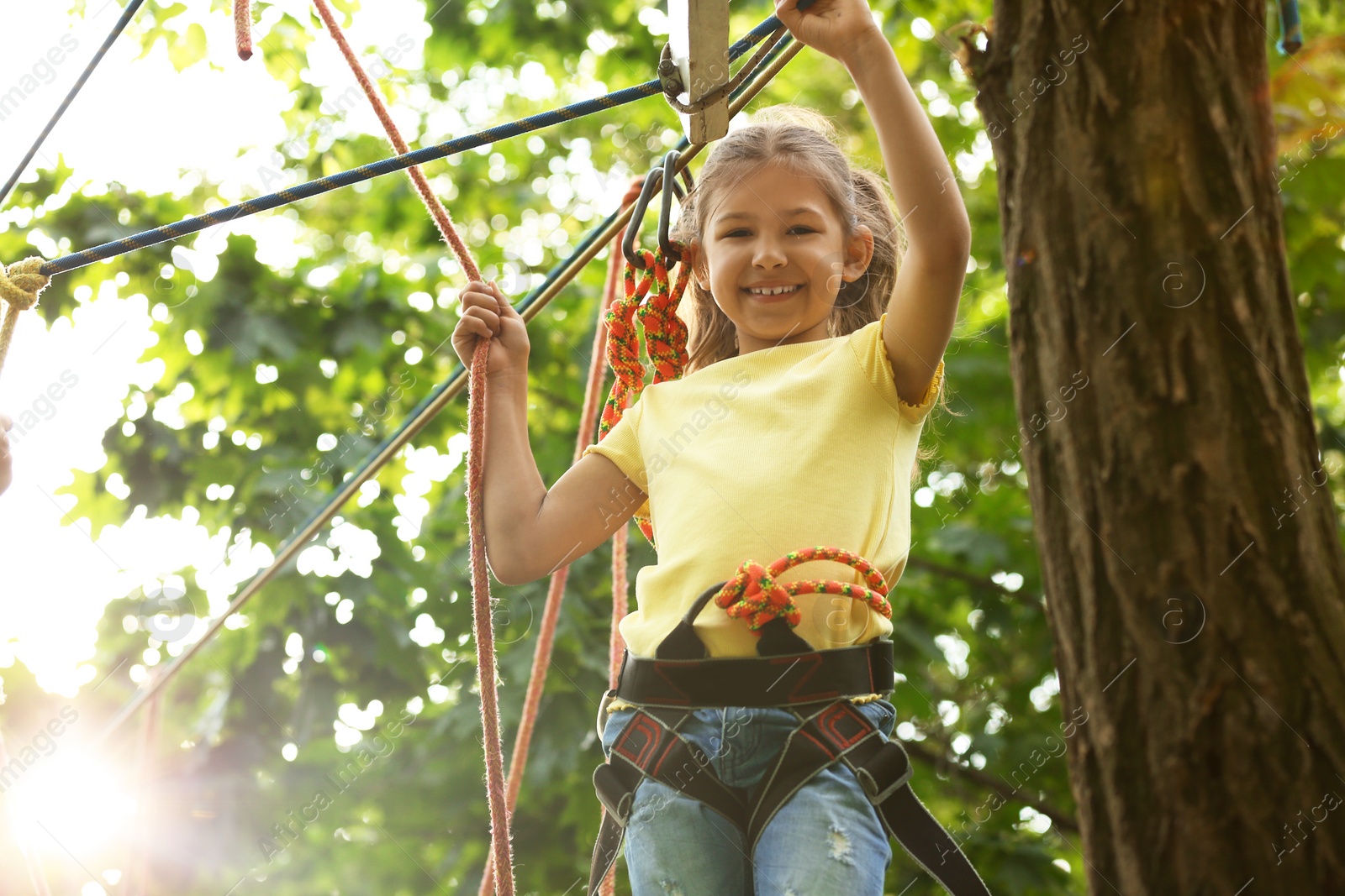 Photo of Little girl climbing in adventure park. Summer camp