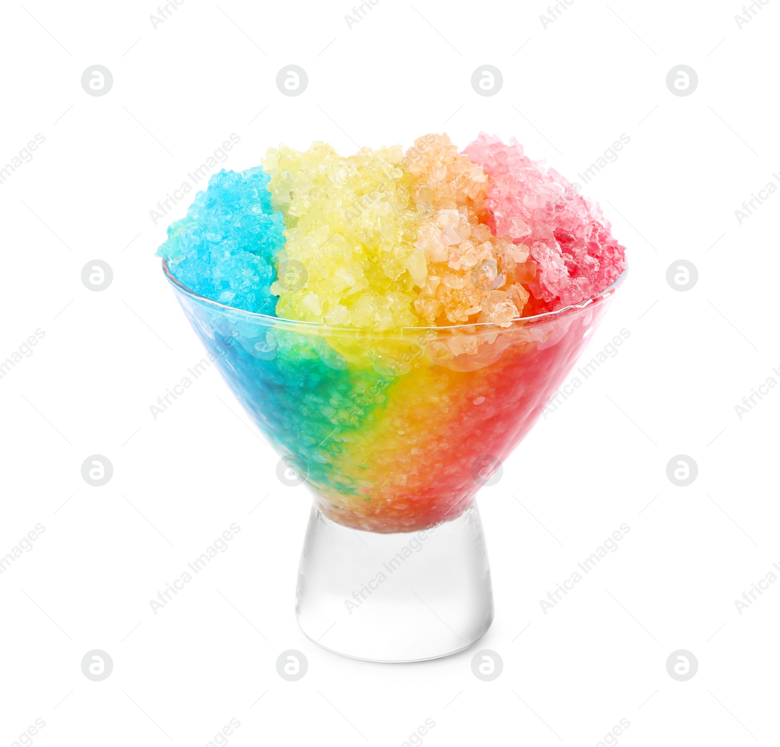 Photo of Rainbow shaving ice in glass dessert bowl isolated on white