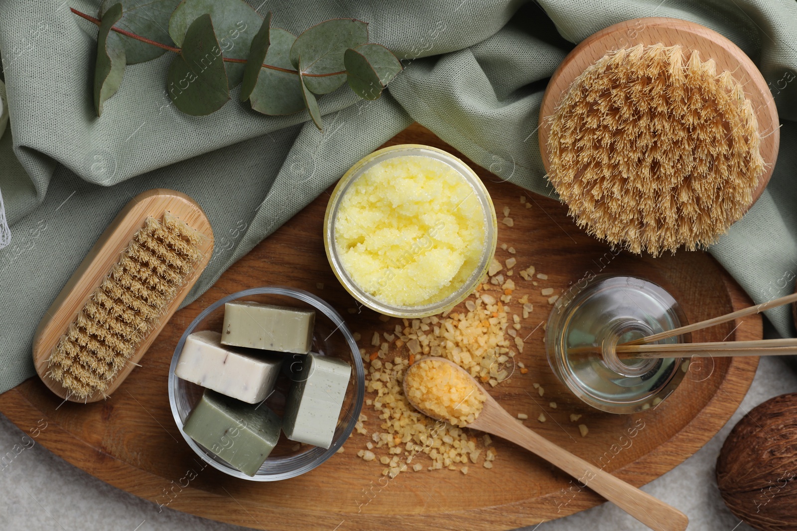 Photo of Composition with different spa products and reed air freshener on table, top view