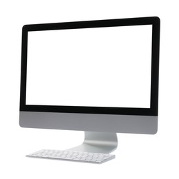 Photo of New computer with blank monitor screen and keyboard on white background