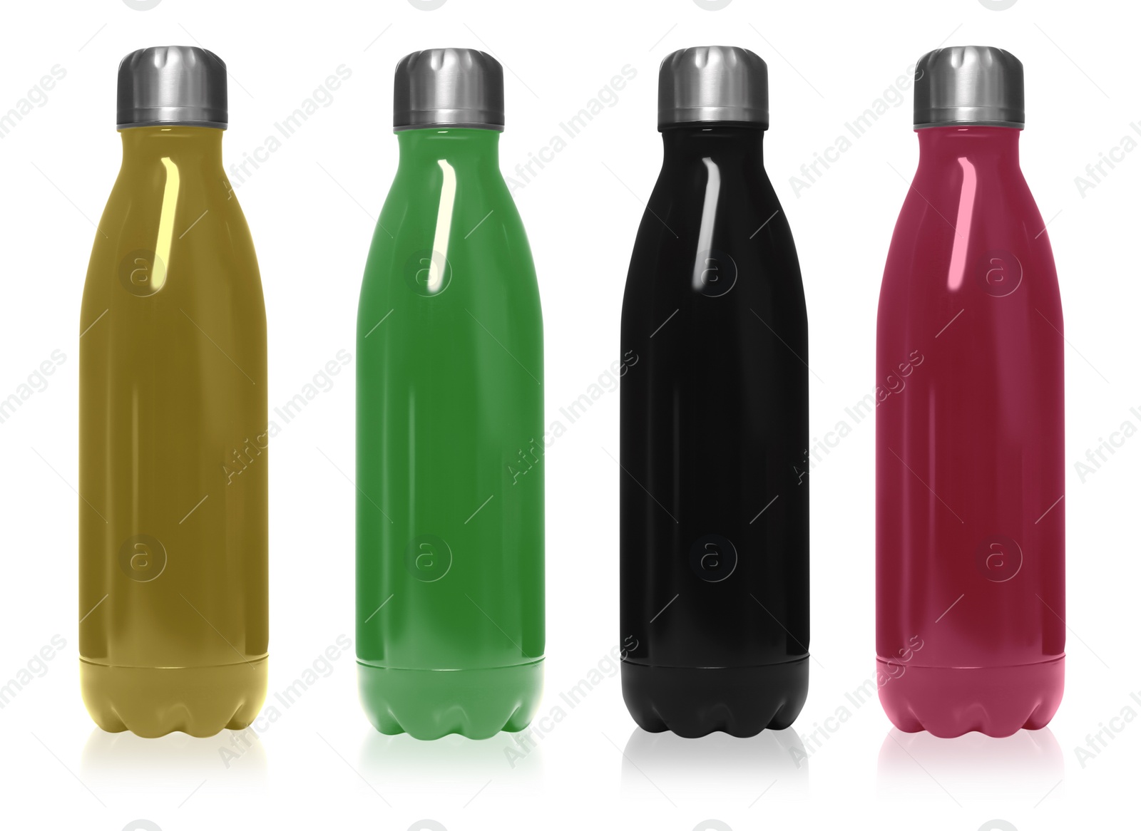 Image of Set of modern thermos bottles in different colors on white background 