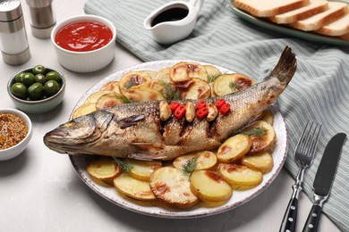 Plate with delicious baked sea bass fish and potatoes on table