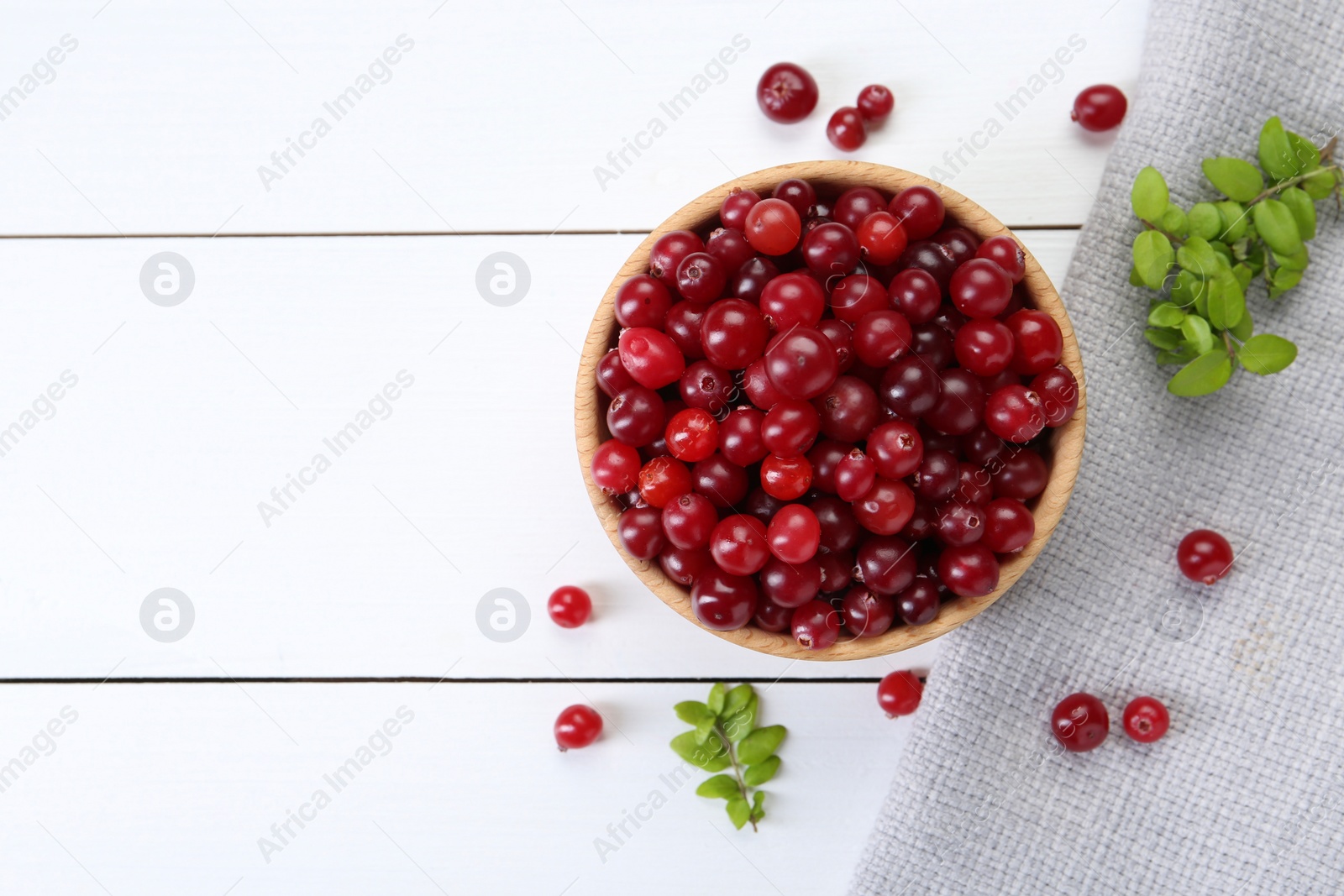 Photo of Fresh ripe cranberries and branches on white wooden table, top view. Space for text