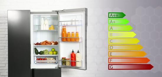Image of Energy efficiency rating label and open refrigerator indoors, banner design