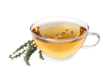 Cup of aromatic herbal tea and fresh thyme isolated on white