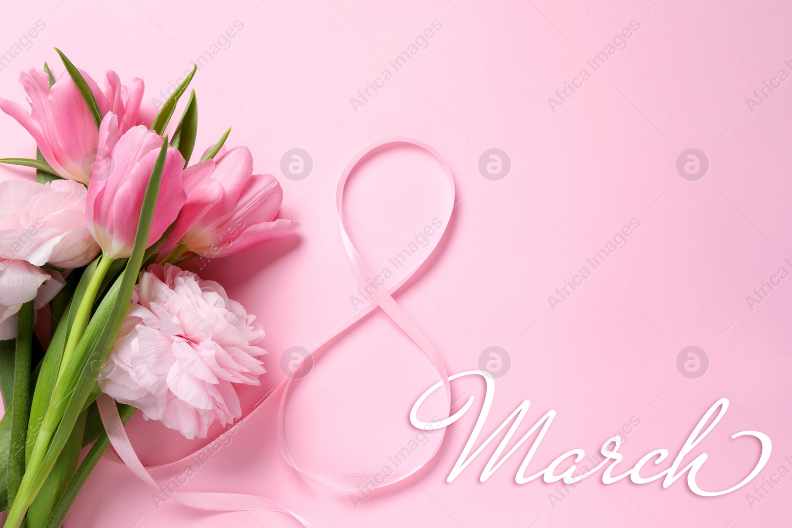 Image of 8 March greeting card design with different flowers and ribbon on pink background, top view. Happy International Women's Day