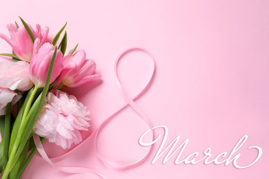 Image of 8 March greeting card design with different flowers and ribbon on pink background, top view. Happy International Women's Day