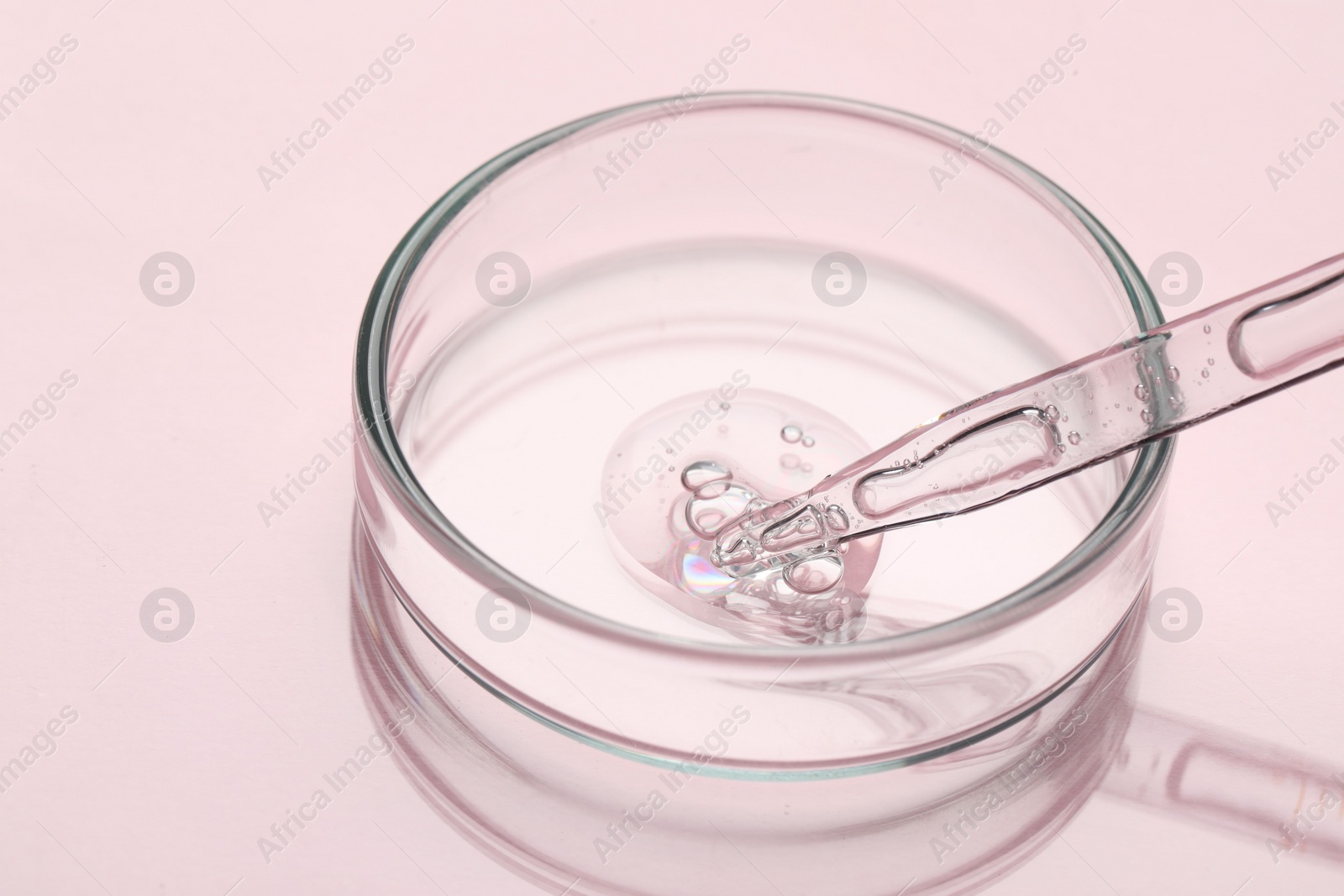 Photo of Glass pipette and petri dish with liquid on pink background, closeup