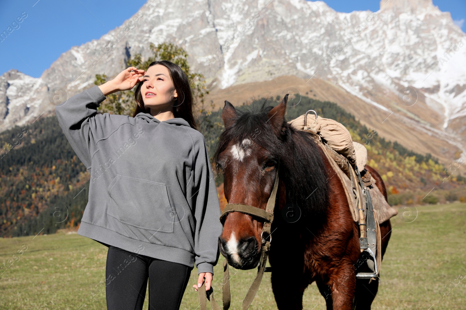 Photo of Young woman walking with horse in mountains on sunny day. Beautiful pet