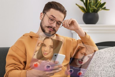 Image of Looking for partner via dating site. Man using smartphone indoors. Women's profiles with photos and information