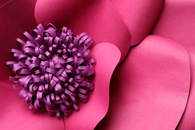 Photo of Beautiful pink flower made of paper as background, top view