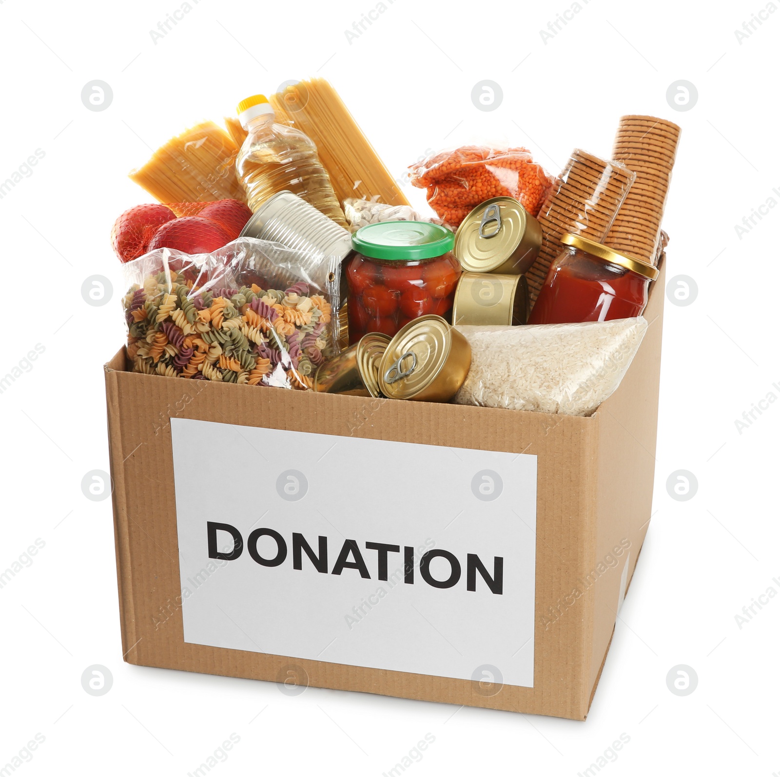 Photo of Donation box full of different products on white background