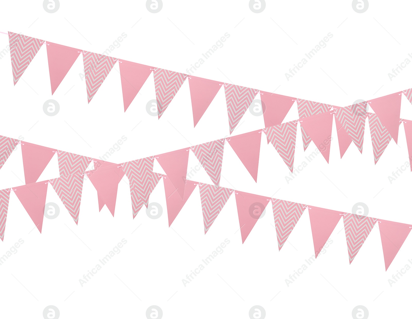 Image of Pink triangular bunting flags on white background. Festive decor