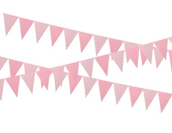 Pink triangular bunting flags on white background. Festive decor