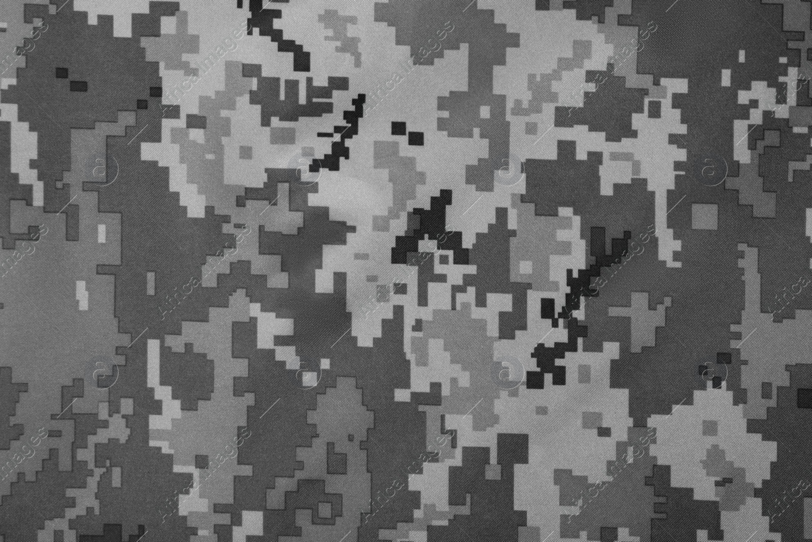 Image of Texture of camouflage fabric as background, top view. Black and white effect