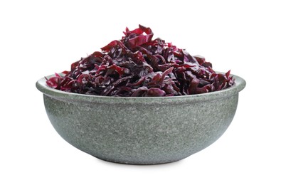 Photo of Bowl with tasty red cabbage sauerkraut isolated on white