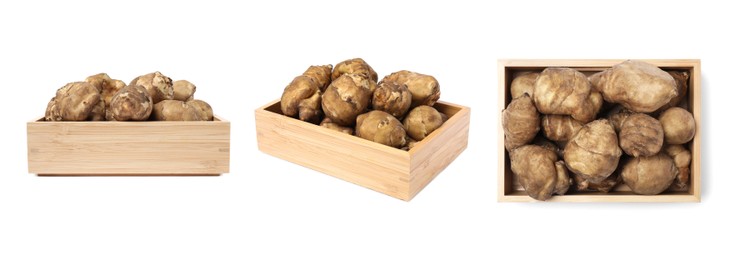 Image of Wooden crate with Jerusalem artichokes on white background, different sides. Collage design