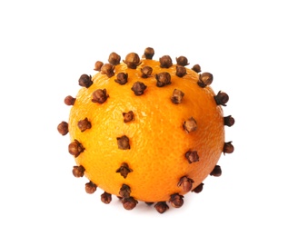 Pomander ball made of fresh tangerine and cloves isolated on white