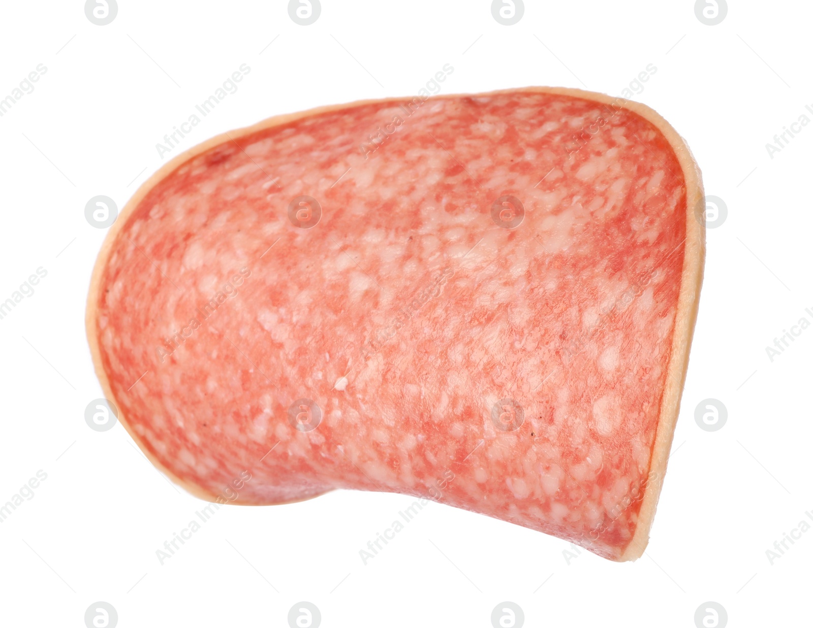 Photo of Piece of salami smoked sausage isolated on white