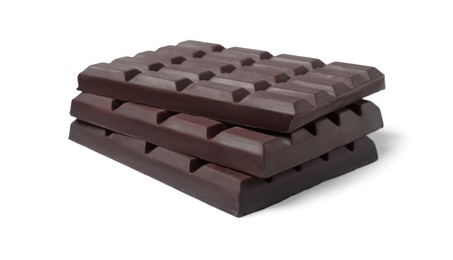 Photo of Delicious dark chocolate bars on white background