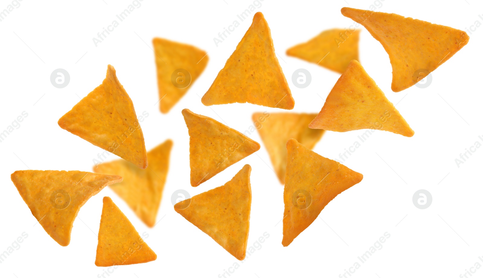 Image of Tasty tortilla chips (nachos) falling on white background