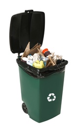 Photo of Trash bin with garbage on white background. Waste recycling